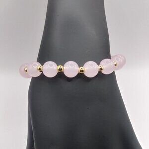 Women Pastel Pink Glass Bead 14k Gold Bead Stretch Bracelet Size: 6.75"